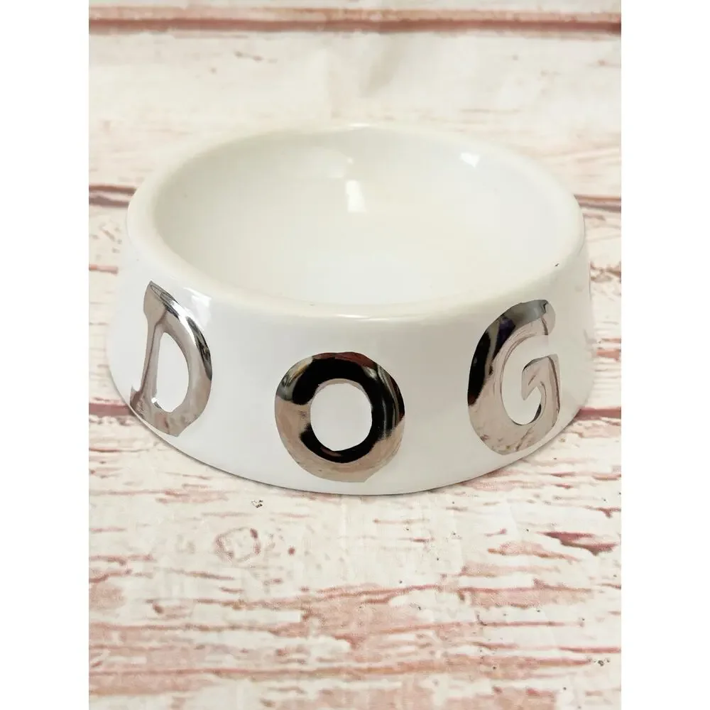 10 STRAWBERRY STREET White Ceramic Dog Bowl Metallic Silver Chrome Letters